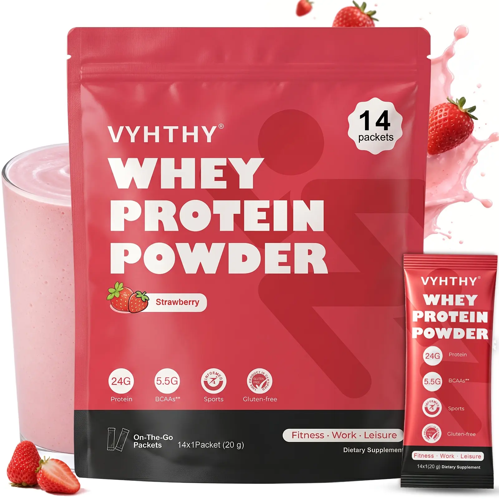 VYHTHY 14 Count Disposable Whey Protein Stick Box, Rich Creamy Strawberry Ice Cream Flavor 20g Per Packet Lightweight Portable Protein Shakes Suitable for Office Workers Students Sports Lovers Daily Meal Replacement - VYHTHV