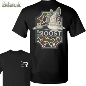 Roost Waterfowl Duck Hunting T-Shirt - Flying Duck Graphic with Camo Background - Roost Logo Front Hunting Tee - Premium Cotton Unisex Duck Hunter Shirt - Outdoor Lifestyle Apparel