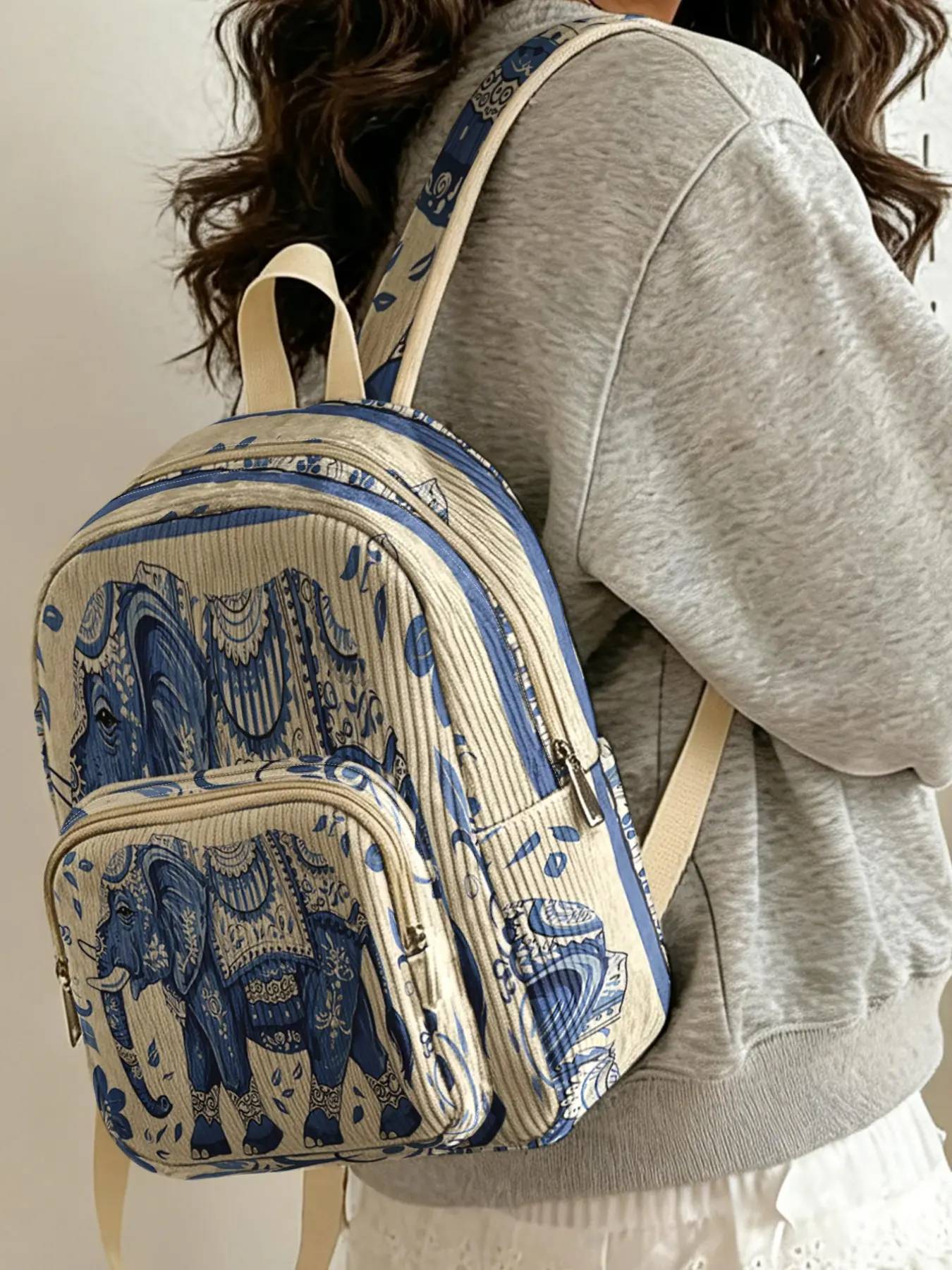 Women's Elephant Pattern Backpack, Casual All-Season Design, Velvet Texture & Layered Storage, Ideal for School & Outing