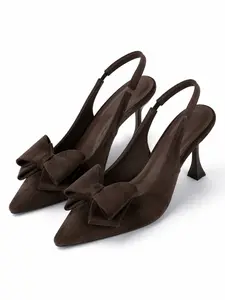 Elegant Chocolate Brown Suede Slingback Heels with Oversized Bow Pointed Toe Kitten Heel Pumps for Women