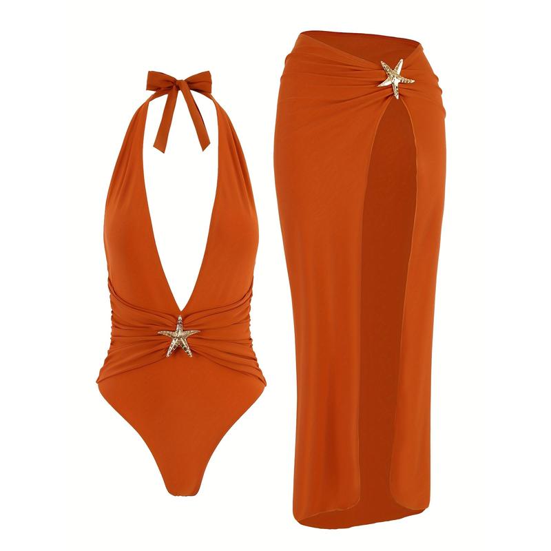 EDOLYNSA Solid Color Starfish Decorated Backless Lace-Up Orange Red One-Piece Swimsuit with High Slit Skirt Two-Piece Set Sexy Swimwear Holiday Pool Party Women's Elegant Bikini Set Fashion 2pcs Bikini Set with Beach Skirt K59