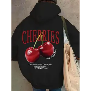 Women's Cherry & Letter Print Drop Shoulder Hoodie, Fashion Casual Drawstring Pocket Hooded Sweatshirt for Daily Holiday Outdoor Wear, Ladies Clothes for Fall & Winter
