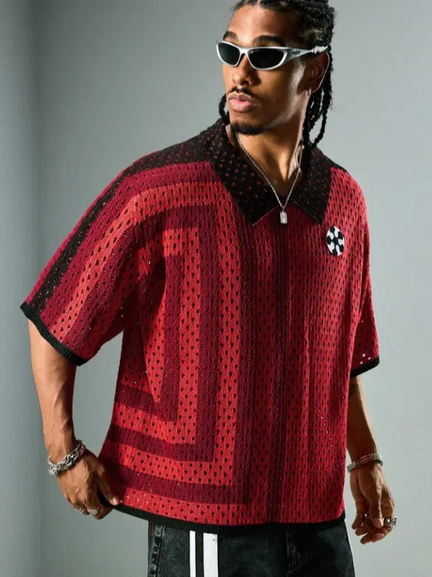 ROMWE Men's Striped Contrast Color Short-Sleeve Casual Polo Shirt, Menswear Top