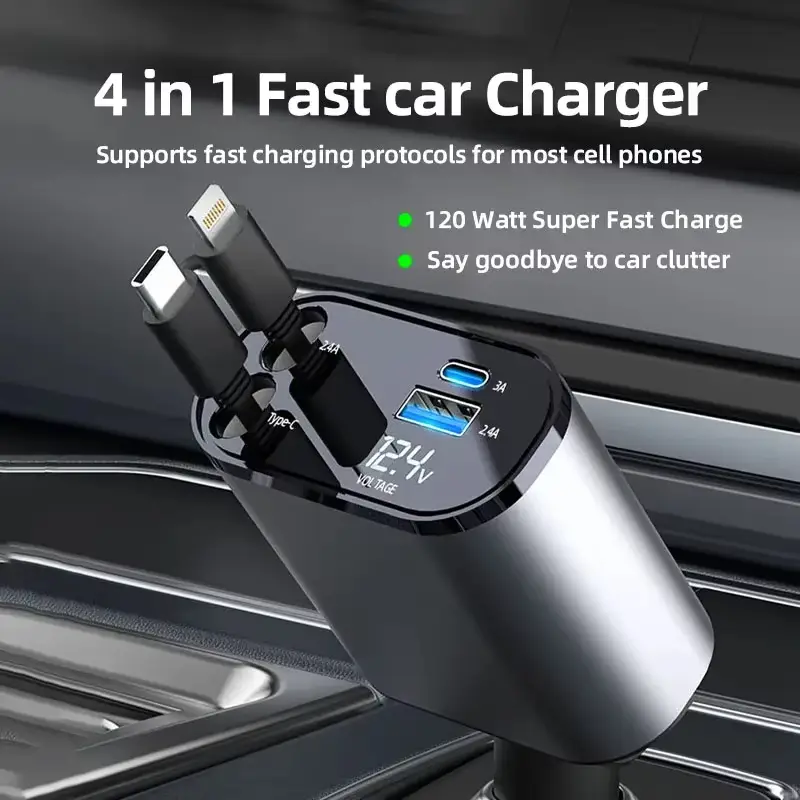 Joytutus 120W Retractable 4-in-1 Car Charging Cable & 4-Port Adapter for iPhone Galaxy Pixel Safe Reliable Car Plug Carcharger with Dual Type-C Cables