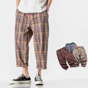 Japanese Style Men's Pants New Loose Straight Plaid Pants Men's Harem Pants Chinese Style Cotton Linen Plus Size Casual PantsGift