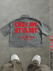 Men's Loose-Fitting Casual Button Collared Short Sleeve Woven Shirt with Letter Print, Trendy Streetwear for All Seasons, Stylish Outdoor Everyday Wear