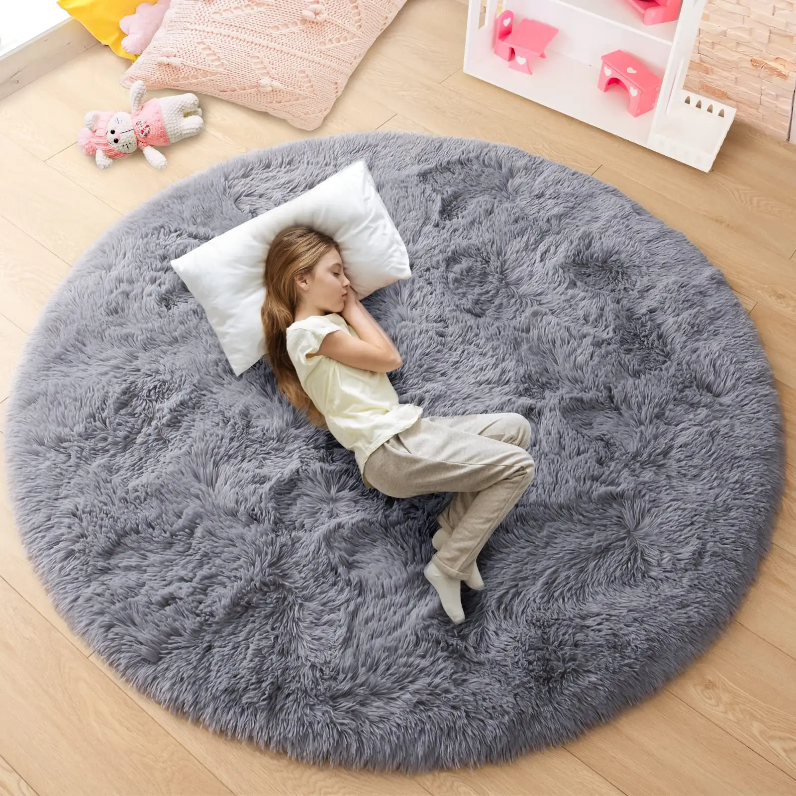 [Black Friday & Cyber Monday] kids room soft round rainbow area rug, kids bedroom fluffy colorful round rug, cute round rug princess castle plush shag