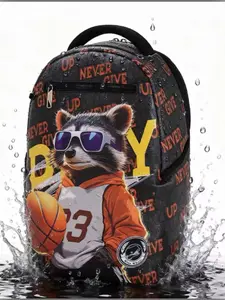 NEVER GIVE UP Motivational Backpack: Trendy Black with Orange Print & Cartoon Raccoon - Water-Resistant, Lightweight School Bag for Teens, Travel, Hiking & Daily Adventures