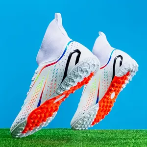 Men's High-top Artificial Turf Soccer Shoes- Lightweight Breathable PU Upper, Non-slip Rubber Sole, White/Orange Gradient Design, Suitable for Outdoor