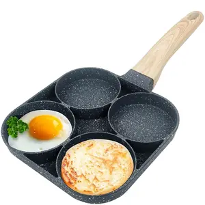 4-hole Non-stick Frying Pan - Household Egg Skillet with Wooden Handle - Easy-to-Clean Small Frying Skillet for Home Kitchen - Nonstick Cooking Tools