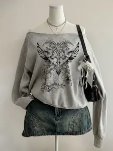 Women's Loose Fit Asymmetrical Shoulder Cross Wings Gothic Print Long Sleeve Top, Casual Homewear, Fall & Winter Fashion, Womenswear