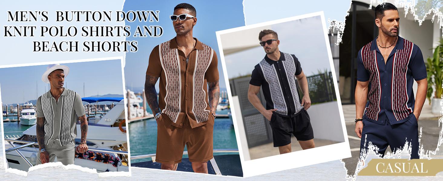 COOFANDY Men's 2 Piece Outfit Vintage Short Sleeve Button Down Knit Polo Shirts Casual Beach Shorts Sets