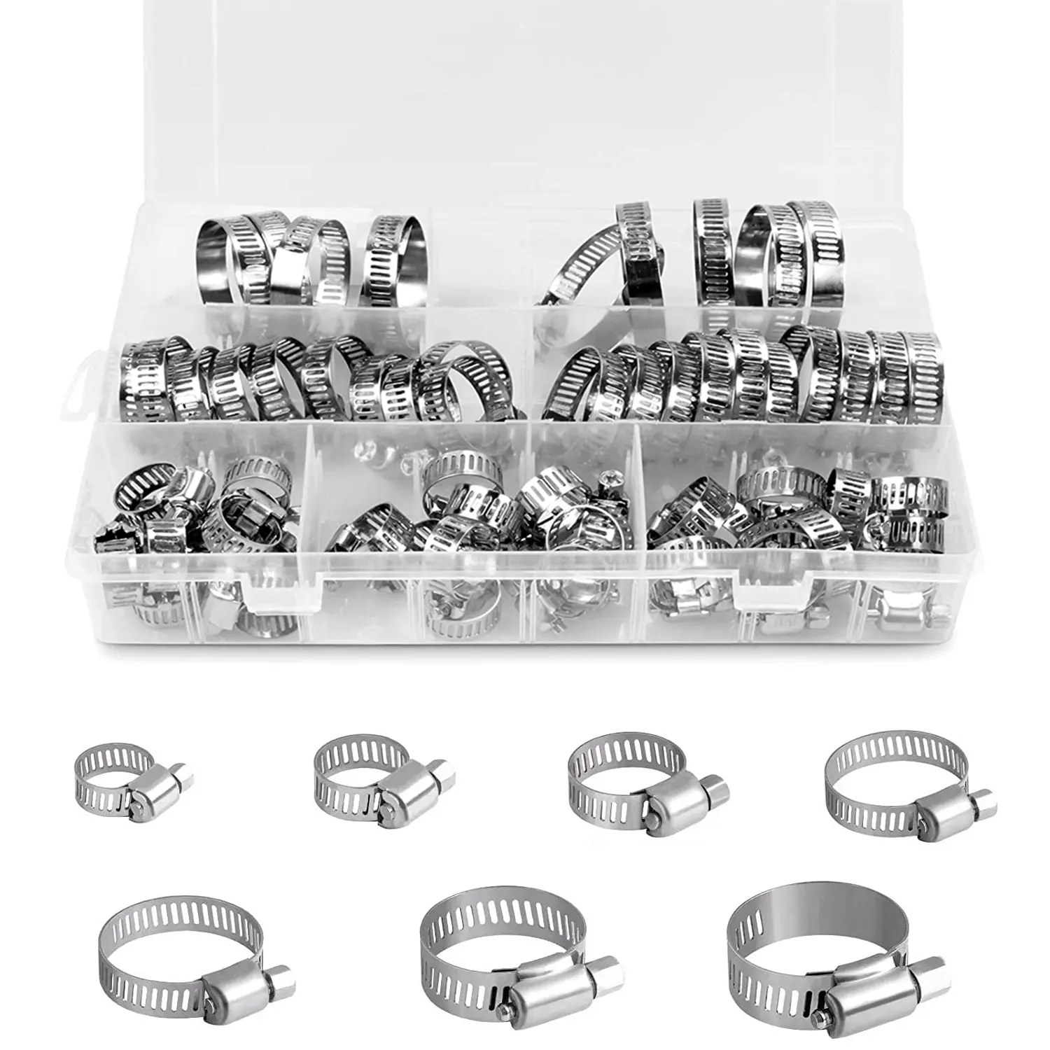 60PCS Stainless Steel Worm Gear Hose Clamps – Heavy Duty 7-Size Adjustable Assortment, Hardware for Pipe Fastening & Repair