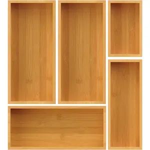 Bamboo Drawer Organizer Set 5-Piece Storage Trays for Kitchen, Bathroom, Office Desk, Makeup & Junk Drawers, Utensils