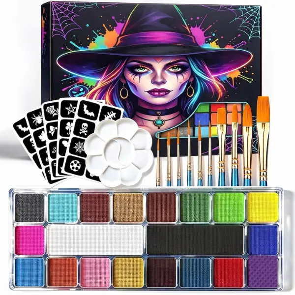 Face Painting Kit for Kids & Adults,Water Based Washable Face Paint Set with 10 Brushes, 5 Sticker Stencils and Paint Tray for Halloween Makeup, Birthday Party, Cosplay, Carnival