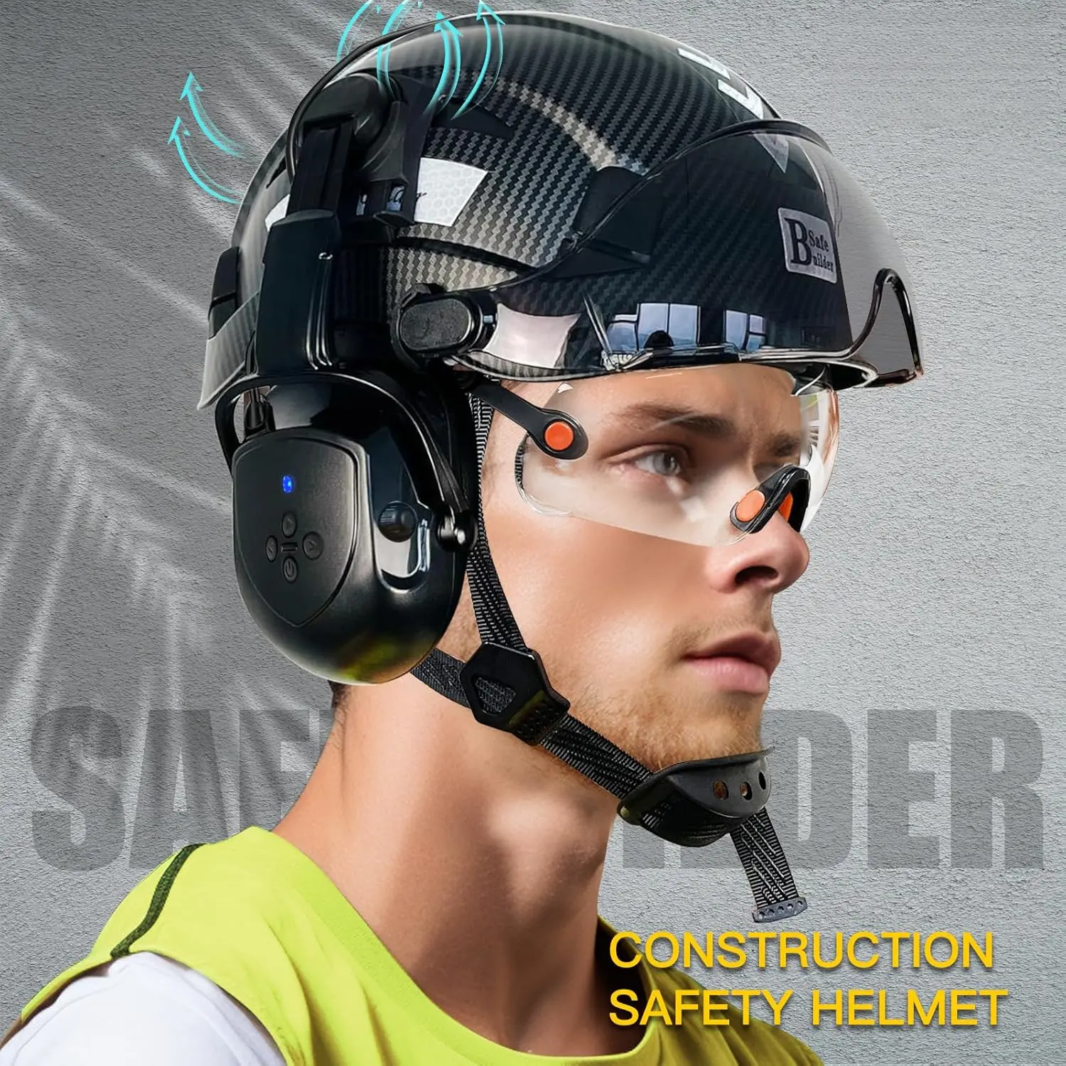 Vented Hard Hat with Visor and Bluetooth Ear Muffs, SNR 26dB Hearing Protection, Adjustable Suspension, Construction Safety Head Gear Vented Hard Hat with Visor and Bluetooth Ear Muffs, SNR 26dB Hearing Protection, Adjustable Suspension, Construction Safety Head Gear
