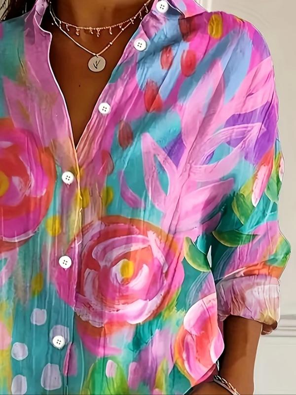 Women's Bohemian Style Printed Long Sleeve Shirt, Vibrant Peace Love Design, Casual Button Up for All Seasons