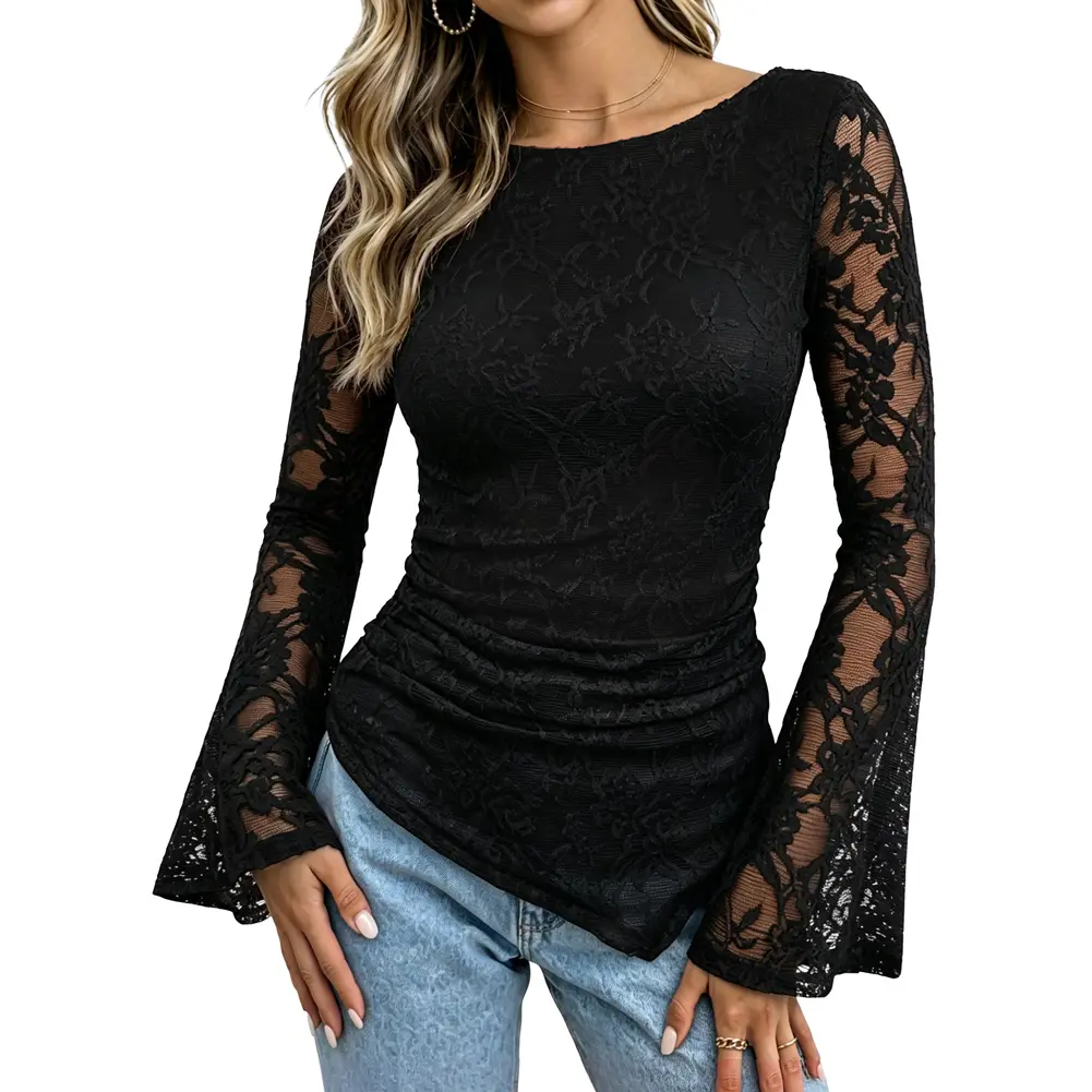 GRACE KARIN Womens Lace Long Sleeve Going Out Tops 2026 Fall Ruched Y2K Clothes Bell Sleeve Boat Neck Cute Shirt Asymmetrical