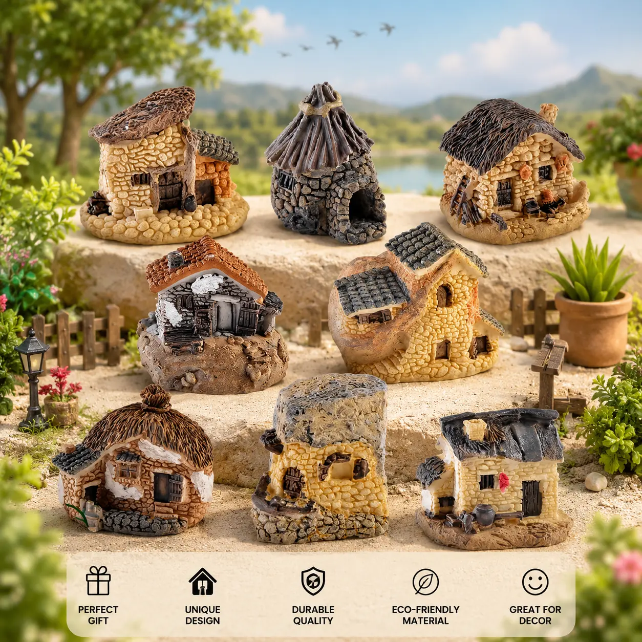 8pcs Miniature Fairy Garden Houses Resin Mini House Figurine Small Village Hut Figurine Cottage DIY Micro Landscape Garden Decor Ornament Accessories for Bonsai,Succulent Planting,Terrarium,Flower Pot