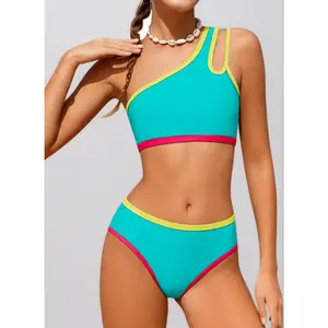 Girls 2-Piece One Shoulder Bikini Set – Color Block Bathing Suit with Chest Pad for Teens 7-16. Trendy Swimwear for Pool, Beach & Summer Vacation. Modest, Stylish & Comfortable.