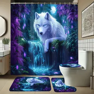 Wolf Pattern Bathroom Set, Includes Soft Shower Curtain, Mat, Toilet Seat Cover, Elegant Decoration, 1/4 Piece Bath Ensemble, Shower Curtain Sets