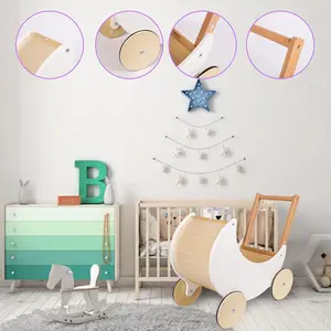 2-In-1 Wooden Moon Doll Pram Stroller Cart Shopping Trolley Push Walker Toy 3Y+. 2-IN-1 design Pram Stroller and mastering walking and balancing skills, Indoor & Outdoor playing, Providing both durability and comfort, Overall size: 52cm x 27cm x 47cm