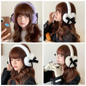 Cute Plush Bow Tie Earmuffs Cold Protection Warm Heart Fluffy Ear Muffs Woman Ear Cover Winter