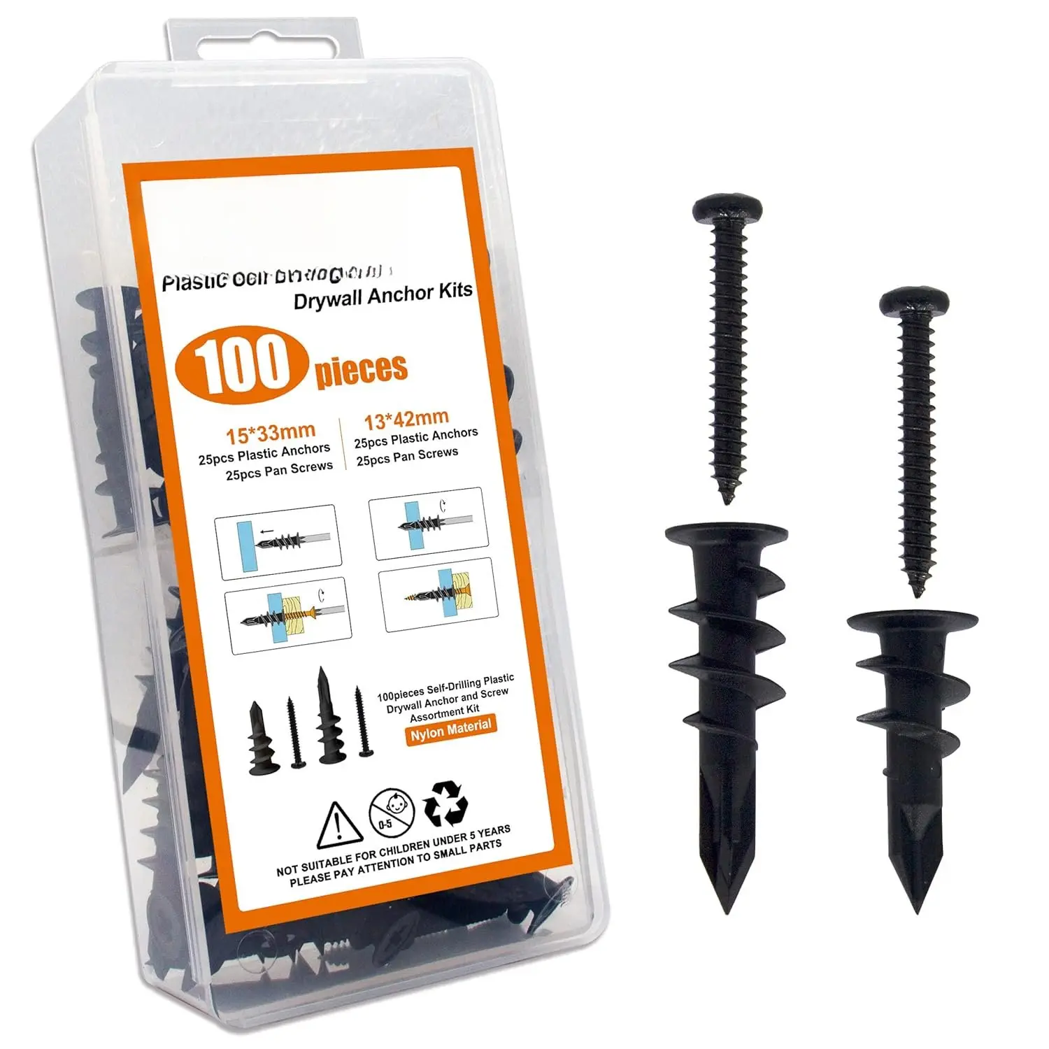 Heavy Duty Self-Drilling Nylon Drywall Anchors with Screws (100 Pieces, #6-#8 Sizes, 25 Large Anchors), Self-Tapping for Clock & Hanging Items (50-75lbs, Black), Towel Rack