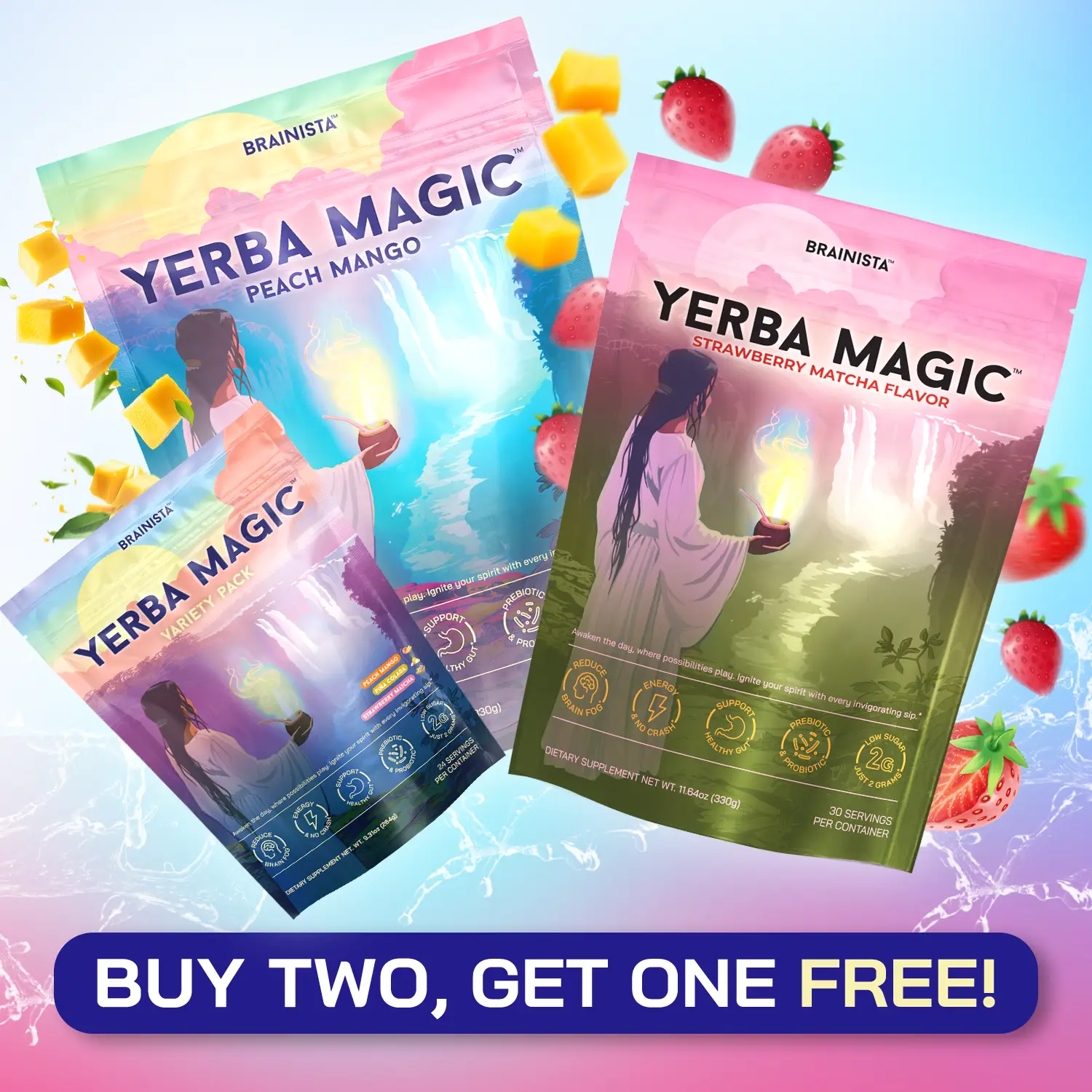 Yerba Magic 3-Pack Bundle | 1x Peach Mango (30 Servings) + 1x Strawberry Matcha (30 Servings) + 1x Variety Pack (24 Servings)