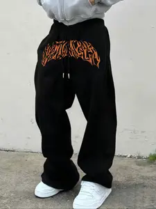 Halloween Flame Print Elastic Waist Pants, Stretchy Casual Streetwear, Comfortable Fit for All Seasons, Versatile Daily Wear