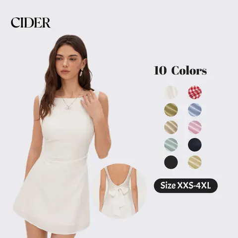 Cider Linen-Blend Boat Neck Knotted Backless Mini Dress – Women's Chic Elegant Vacation Sundress, Solid White A-Line Fit Flare Party Cocktail Dress Casual Basic Womenswear
