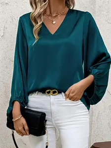 Women's Loose Satin V-Neck Lantern Sleeve Blouse, Fashionable Plain Design, Spring & Fall Wear, Comfortable and Stylish