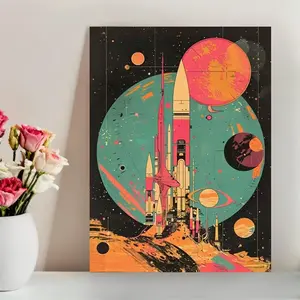 Retro Sci-Fi Wall Art Poster, Vintage Space Canvas with Planets & Rockets, Dopamine Decor for Men, Bedroom, Living Room & Office