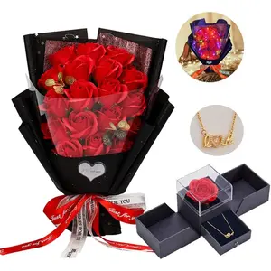 Roses Bouquet Artificial Flower - Preserved Red Rose  with Love Necklace for Her -  Gifts Valentine's Day, Mother's Day, Thanksgiving, Birthday, Anniversary