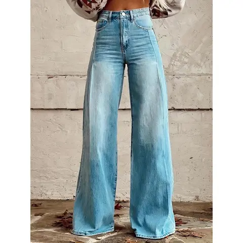 Women's Casual Ombre Wide-Leg Thin Imitation Jeans Twill Pants - 3D Denim Print, Lightweight All-Season Polyester Spandex Loose-Fitting Style Bottoms (Sports & Outdoor Appropriate)