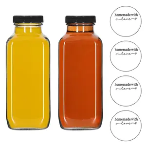Juice Storage Container, Square Glass Bottle with Lid and Label Sticker, 480ML/16oz Leak-Proof Jar, Classic Style, Storage Bottles
