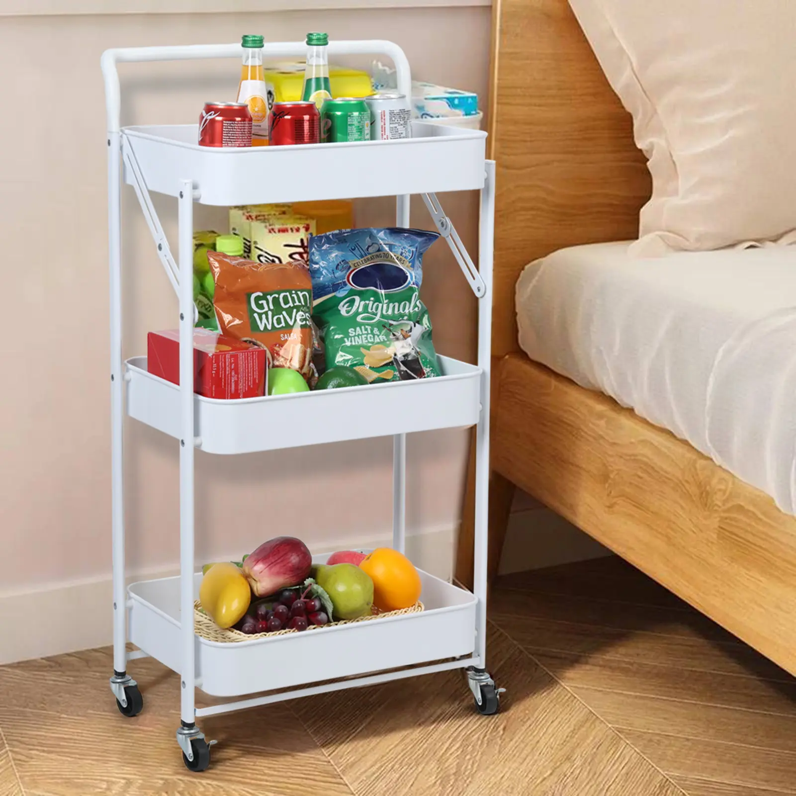 Fruit Vegetable Storage Basket, 3 Tiers Stackable Plastic Storage Baskets with Casters, Foldable Fruit Basket Stand for Kitchen, Pantry, Bathroom