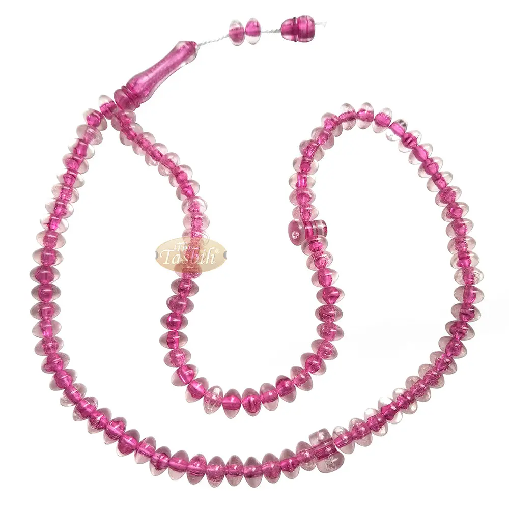 Muslim Dhikr Beads - Medium-Size Translucent Pink 8x5 mm Simple Plastic 99-Bd Islamic Prayer Tasbeeh Dhikr Salat 20-inch Misbaha Knob Ends