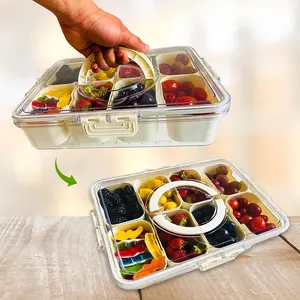 Divided Serving Tray with Lid and Handle 8 compartments Snackle charcuterie boxes for Travel, Snack tray with lid for Party, Fruits & Snack organizer