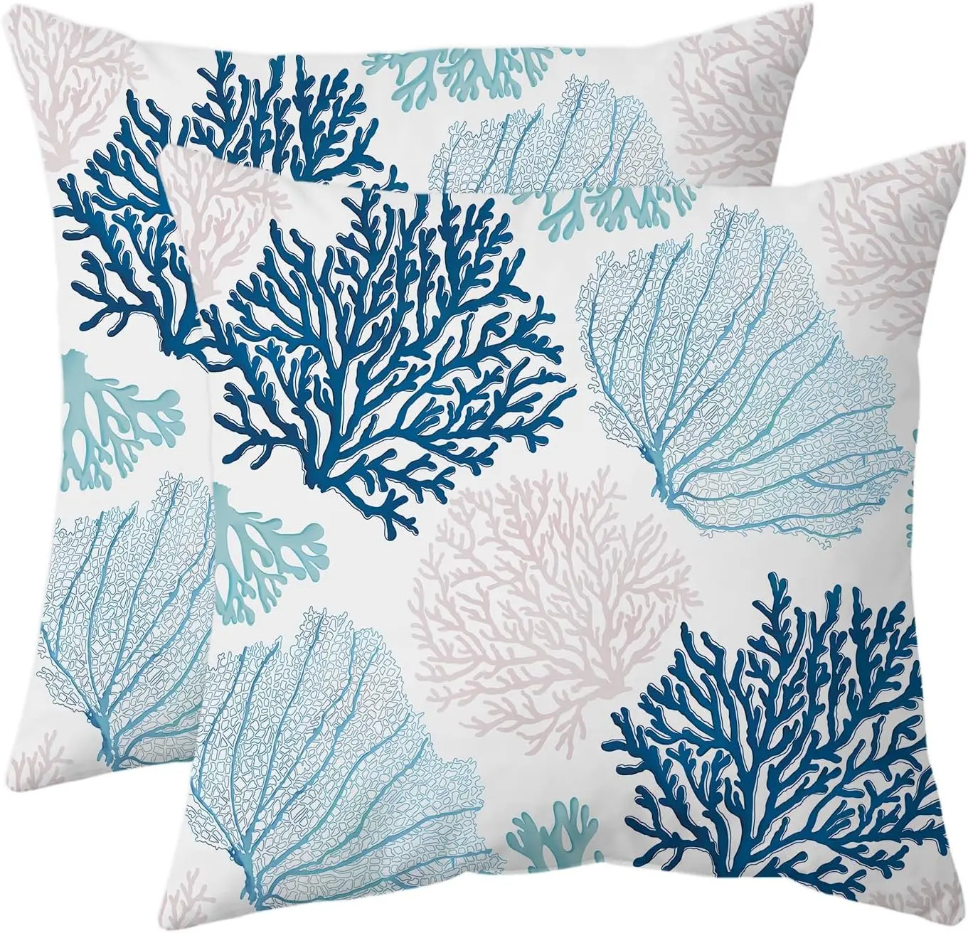 Set of 2 Coastal Coral Throw Pillow Covers, 18x18 Inch Nautical Ocean Cushion Cases for Sofa, Bedroom, Living Room