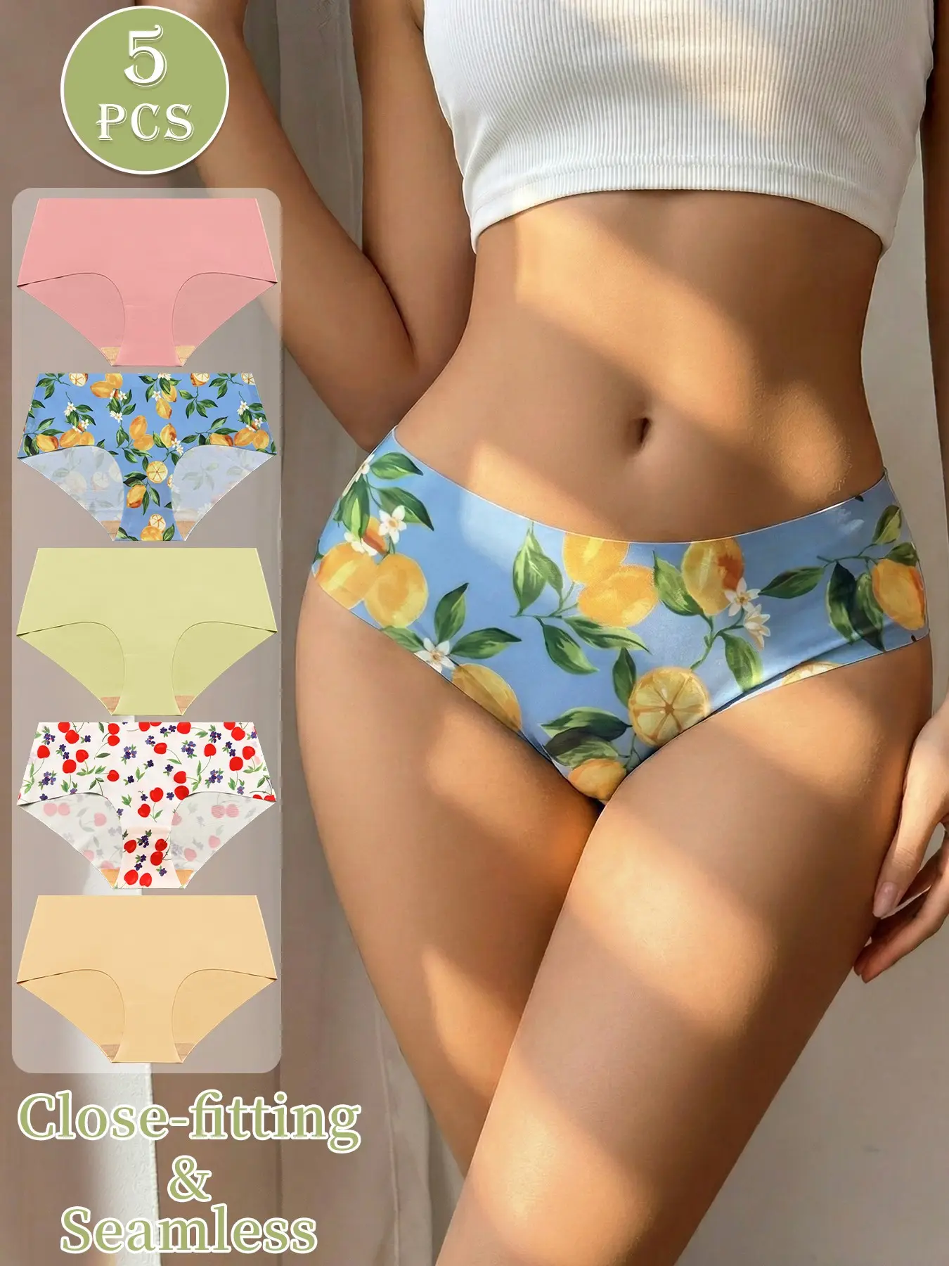 5-pack women's knitted stretch underwear with fruit print design, Seamless No Show, sexy, comfortable, skin-friendly, soft fabric, women's bikini panties, Comfy Panties