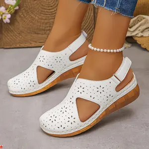 Summer Women Wedge Sandals Perforated Breathable Thick Soled Adjustable Ankle Strap Lightweight Closed Toe Comfortable Solid Color Casual Beach Sandals