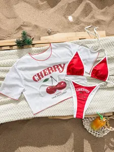 Women's New Cherry Print Bow Casual Vacation Beach Three-Piece Bikini Swimsuit, Fitted Style, All over Print, All Seasons, Cherry Print Swimwear