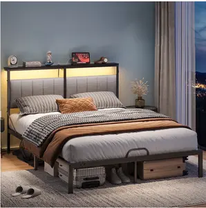 Queen/ Full Size Bed with Upholstered Headboard | Metal Platform Bedframe with LED Lights, USB Charging Station & Storage Shelf, Gray Fabric