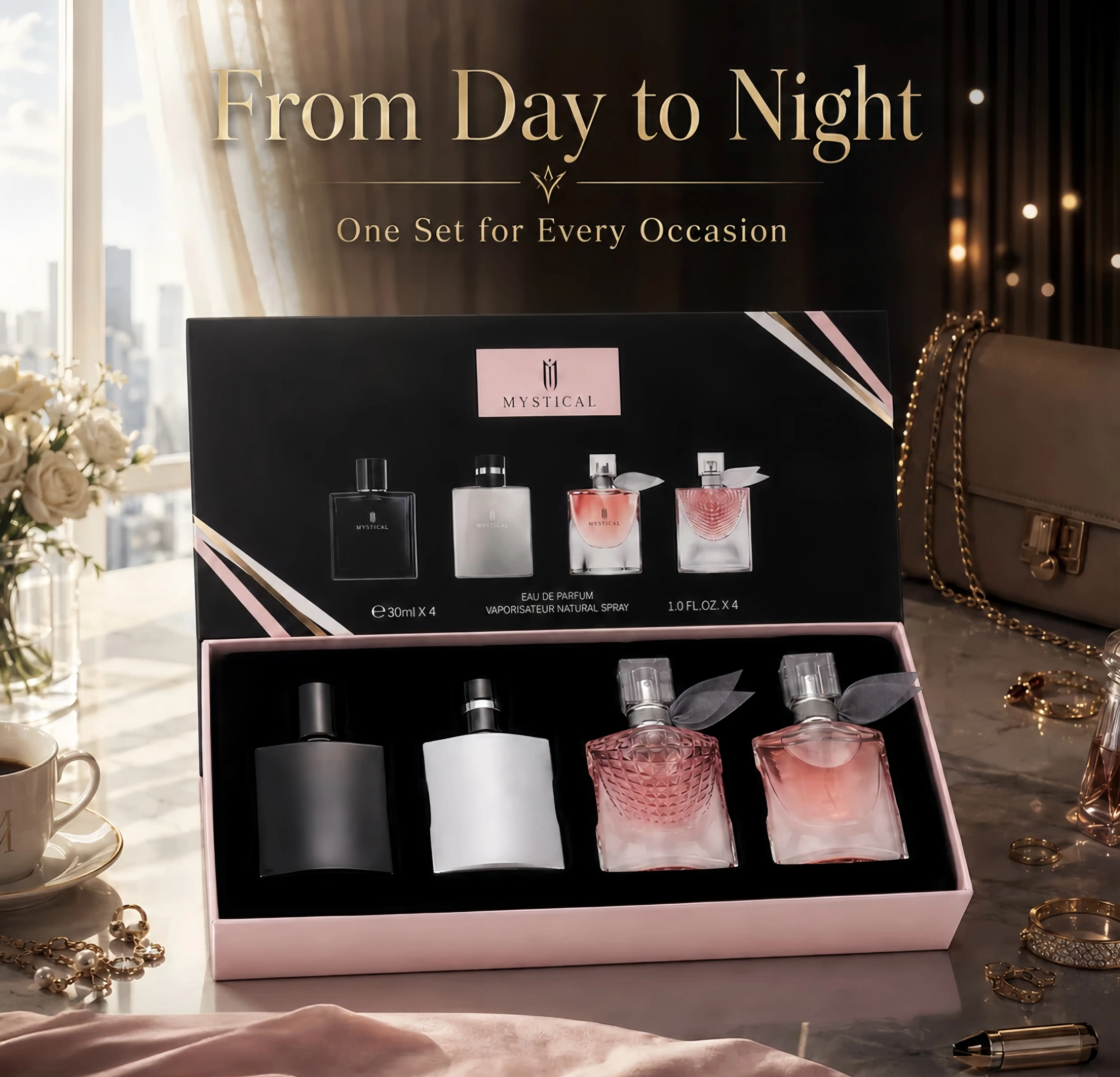 MYSTICAL Luxury Fragrance Gift Set|Floral& Fruity & Woody | lasting fresh light fragrance|Thanks giving Christmas Valentine's Day Gift ，Valentine's Day gift Set -30ml*4|Women's Men's |mini Perfume|  for daily life, dating |Unique| different flavor