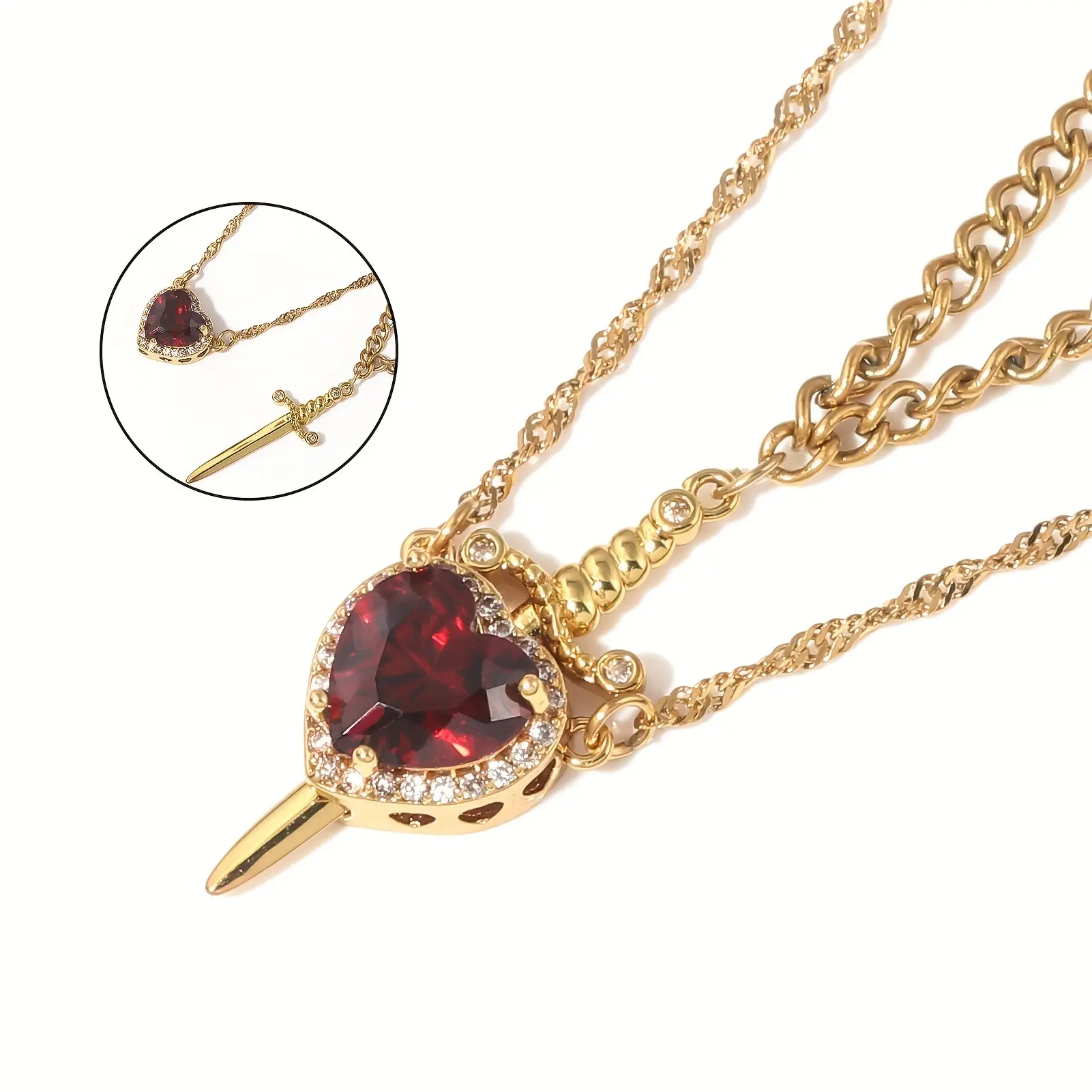Arrow Through Heart Couple Pendant Set Heart Shaped Dagger Diamond Encrusted Clavicle Chain Necklace Stackable Special Gifts for Couples Jewelry