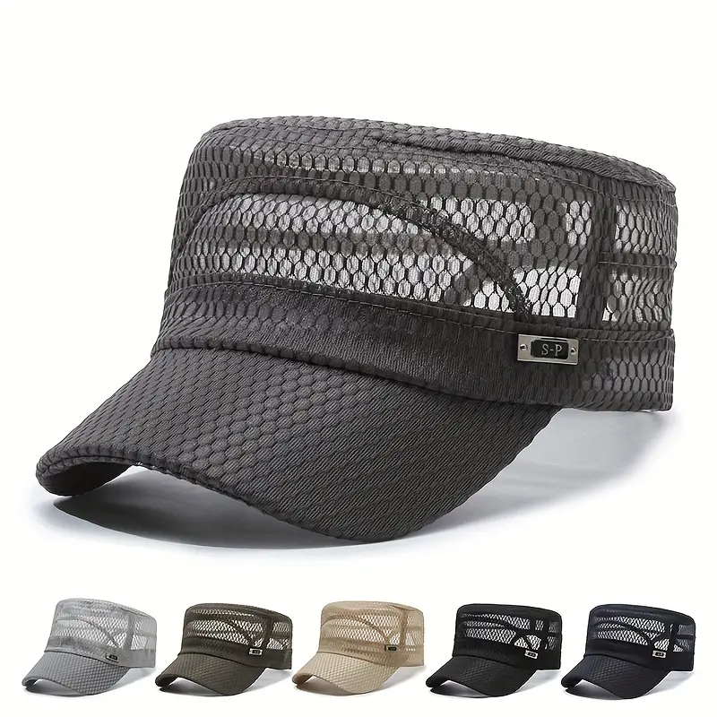 Men's Flat-Top Mesh Baseball Cap - Breathable Polyester Sun Protection Hat for Truck Drivers, Outdoor Sports, Mens Hats, Male, Adults, Synthetics