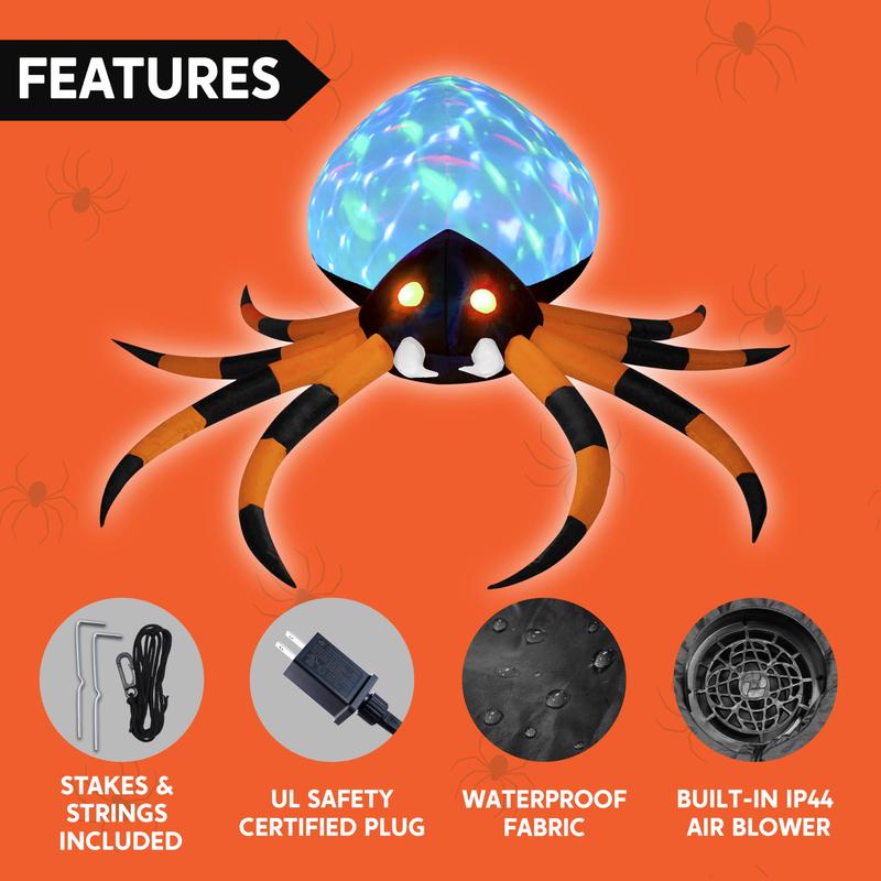 8FT Halloween Inflatable Giant Spider Outdoor Decorations, Blow Up Spider Yard Decorations with Rotating Colorful Light and Glowing Eyes for Halloween Party Lawn Garden Outside Decor Valentine's Day Gifts for Kids