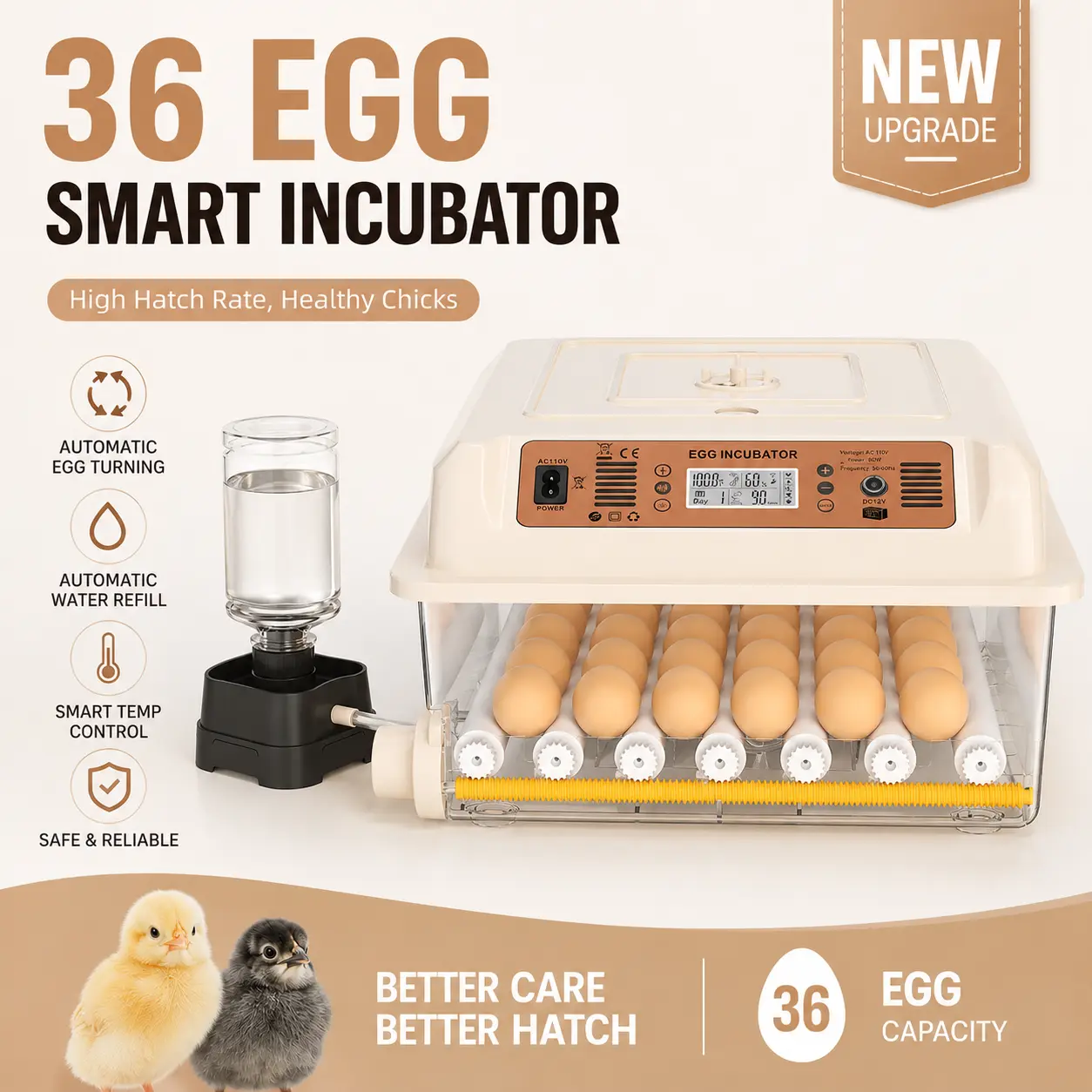 Automatic Egg Incubator with Egg Turner and Temperature Control (16/36 Eggs Capacity) - Smart Poultry Hatcher Kit with Auto Water Replenishment for Home Farming