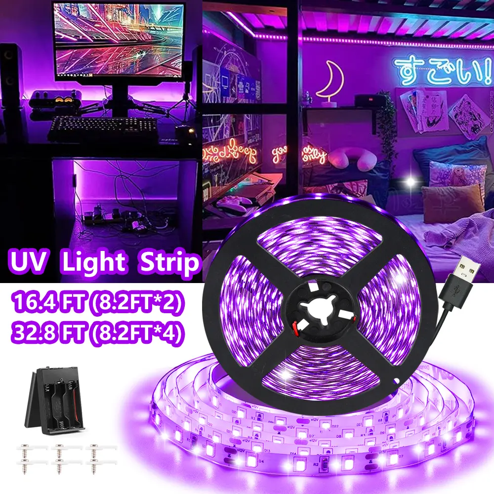 OYCIJE 5V USB Black Light Strips with Battery Box, DIY LED Black Light for DIY Projects, 150 LED/Pack Glow Effect Indoor Accent Lighting, 385-400nm for Halloween, Birthday Party Fluorescent Poster Painting